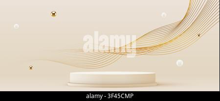 Minimalist beige podium with golden flowing lines and spheres. Elegant product display background. Vector illustration Stock Vector