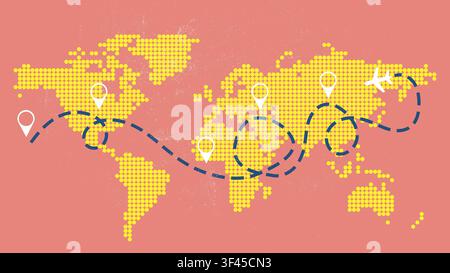 Travel planning map showing various destinations and routes across the world with marked points and a travel line Stock Photo