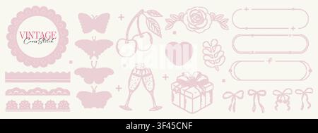 Vintage pink cross stitch set. Butterfly, cherry, rose, heart and champagne glasses in handcrafted embroidery style. Coquette aesthetic Stock Vector