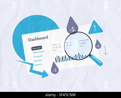 Revenue leakage analysis with business dashboard, profit loss monitoring and recovery insights for financial performance. Anomaly detection, revenue protection and vector illustration. Stock Vector