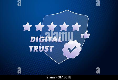 Digital trust with verification signals, trust score and online credibility for brands and digital platforms. Reputation management, customer confidence and trust verification vector illustration. Stock Vector