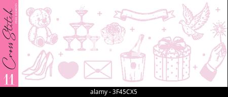 Whimsical pink cross stitch set in coquette aesthetic. Teddy bear, champagne tower, high heels, dove and gift box in embroidery pixel style Stock Vector