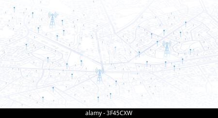 GPS coverage and 5G wi-fi. Network connectivity, signal distribution across the city. Isometric cityscape with wireless communication towers. Location Stock Vector