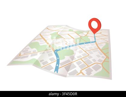 GPS navigation on folded paper map, highlighted blue route to red pin. Location tracking and mapping concept, clear path. Vector illustration. Stock Vector