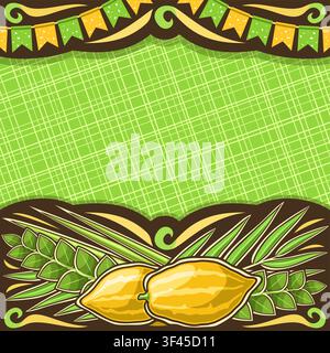 Vector placard for jewish Sukkot with copyspace for text, dark decorative frame with decoration of festive flags, layout with fresh fruits on green ab Stock Vector