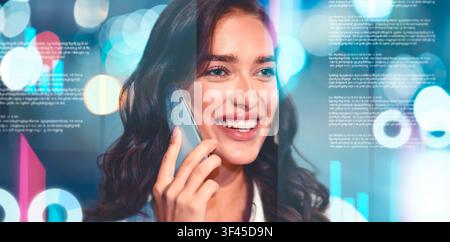 Smiling Young Caucasian Woman Talking On Smartphone In Modern Office, Business Concept Stock Photo