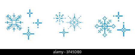 Pixel winter snowflake set, seasonal blue crystal decorative elements in pixel art. Holiday simple flakes 90's aesthetics. Retro pixilated 8 bit game. Vector illustration Stock Vector