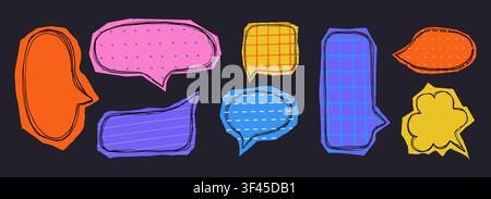Paper cut out speech bubbles and stickers in Y2K retro style set. Stickers featuring speech bubbles, hearts, and retro elements. Scrapbook set collage pieces with torn edges. Vector illustration Stock Vector