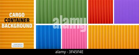Colorful cargo container background set. Corrugated metal texture. Seamless ribbed iron sheet bg Stock Vector