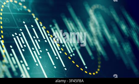 Business chart shows stock market trends and trading data with fluctuating lines and bars on a dark background Stock Photo