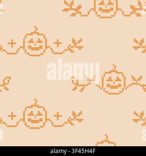 Gothic cross stitch Halloween seamless pattern. Boho embroidery folk art texture. Repeatable pumpkin and vine garland motif on backdrop for digital Stock Vector