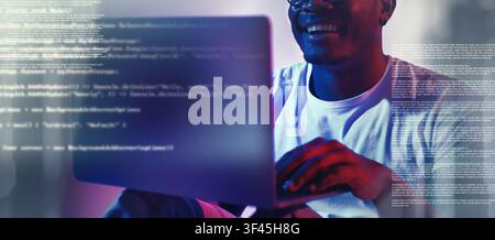 Smiling Black Male Programmer Working On Laptop In Office, Coding And Technology Concept Stock Photo