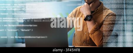 Focused Young Man Analyzing Code On Laptop In Office, Digital Technology Concept Stock Photo