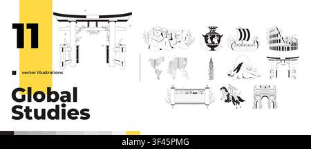 World landmarks and cultural heritage outline illustration pack Stock Vector