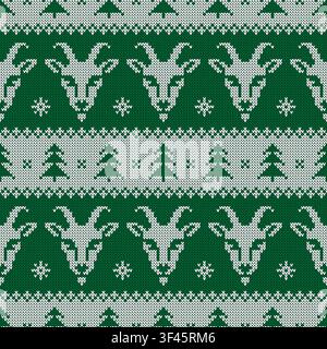 Knitted seamless pattern for 2027 New Year of the Goat. Vector ornament with goat faces, snowflake, and Christmas trees. Green and white sweater print Stock Vector