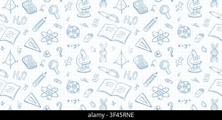School seamless pattern with hand drawn doodle illustrations. Vector background on grid notebook paper. Blue ink sketch style. Stock Vector