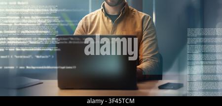 Unrecognizable Man Working On Laptop In Modern Office, Focused On Task, Business Concept Stock Photo