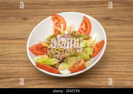 Mixed tuna salad with romaine lettuce, tomato wedges, sliced green olives, egg, and red onion in white bowl Stock Photo