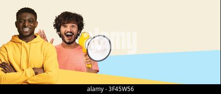 Two Happy Young Men Smiling And Cheering With Megaphone, Outdoor, Friendship Concept Stock Photo