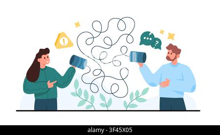 Confused man, woman struggle to communicate through tangled string phones, showing misunderstanding, mixed messages, conflict, unclear conversation on white background vector illustration Stock Vector