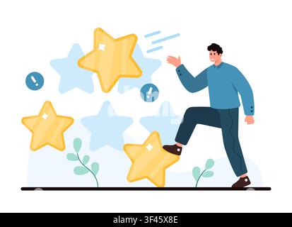 Man reacts to broken star ratings and warning icons, showing negative feedback, poor review results, criticism, and damaged reputation in a flat business scene vector illustration Stock Vector