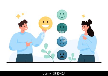 People choosing smiley rating icons for mood feedback concept, showing satisfaction levels from happy to angry in a clean flat scene isolated on white background vector illustration Stock Vector