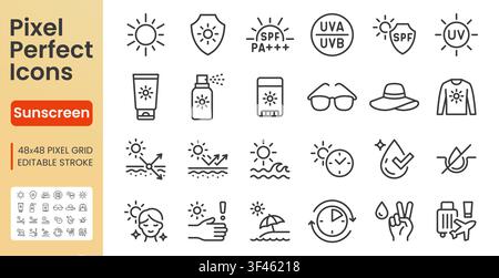 Sun protection line icon set. Sunscreen spray, UV light, summer travel, sunblock cream, chemical filter linear minimal vector illustration. Simple Stock Vector