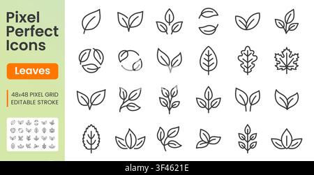 Leaves line icon set. Maple, oak leaf, eco symbol, vegetarian pictogram, organic food, green environment linear minimal vector illustration. Simple Stock Vector