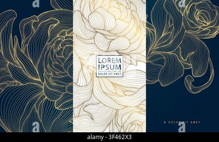 Luxury floral pattern with elegant golden line flowers, peonies, and botanical ornaments inspired by Chinese and Japanese art. Wedding art deco Stock Vector