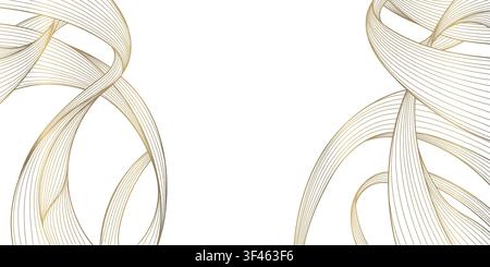 Luxury abstract wave background with elegant golden line art, clouds, sea flowing curves, modern Japanese geometric elements. Wallpaper, packaging Stock Vector