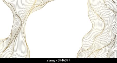 Luxury abstract wave background with elegant golden line art, clouds, sea flowing curves, modern Japanese geometric elements. Wallpaper, packaging Stock Vector