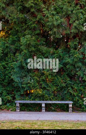 Stone bench in formal gardens at Manito Park, Spokane Stock Photo