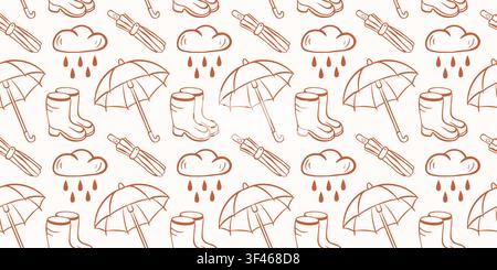 Seamless pattern with hand drawn rain, umbrella, and boot in line art style. Autumn weather concept. Monochrome textile background. illustration for Stock Vector
