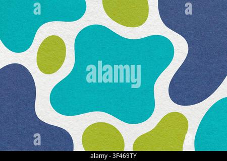 Abstract dark blue, green, turquoise and white paper texture background with amorphous fluid blob shapes and spots in flat. Stock Photo