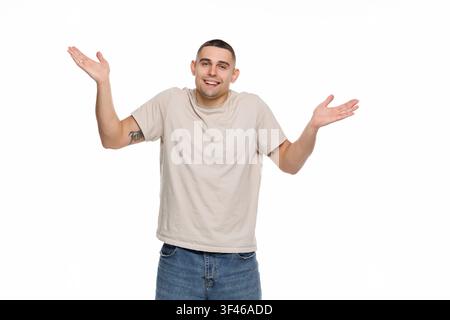 Man, thinking and confused with doubt and questions, problem solving for solution isolated. Memory, thought and remember with ideas, choice or decisio Stock Photo