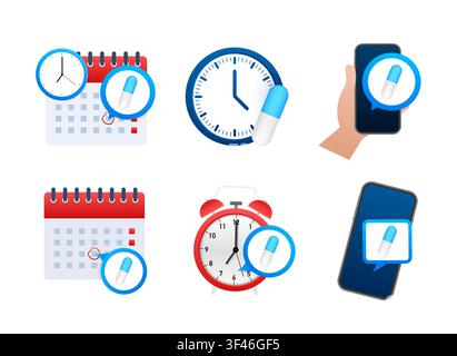 Scheduling pills medication reminders using digital devices Stock Vector