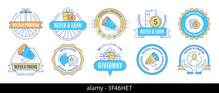 Refer a friend set of blue outline badges with megaphone. Employee referral program stickers with loudspeaker, giveaway gift box and coin icons. Marketing labels for business, promotional advertising Stock Vector