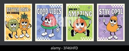 Retro summer fruit characters in 70s trendy style. Cartoon groovy stickers, funky comic doodle watermelon, coconut, pineapple, pear, orange with expressive faces. Set of vintage posters with slogans Stock Vector