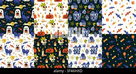 Halloween vector seamless pattern set with ghost skull pumpkin and bat doodle illustrations Stock Vector