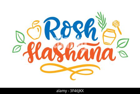 Rosh Hashanah hand lettering with apple, honey  Stock Vector