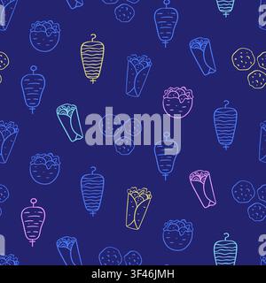 Street food seamless pattern, neon line icon kebab Stock Vector