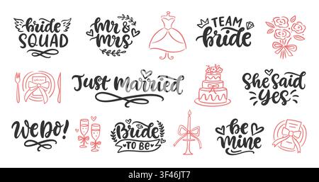 Wedding vector lettering and icon set bride quotes Stock Vector