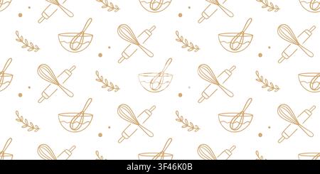 Baking seamless pattern with mixing bowls, whisks Stock Vector