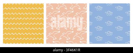Coastal boho vector pattern set with waves, gulls Stock Vector