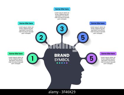 Infographic template with 5 options or steps. Human mind. Can be used for workflow layout, diagram, banner, webdesign. Vector illustration Stock Vector