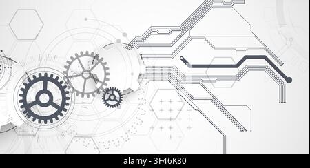 Technology background with grey gears, circuit board lines, geometric circles. Vector Stock Vector