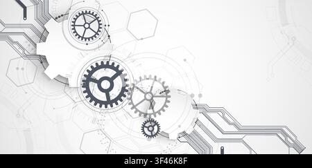 Technology background with grey gears, circuit board lines, geometric circles. Vector Stock Vector