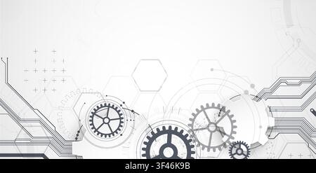 Technology background with grey gears, circuit board lines, geometric circles. Vector Stock Vector