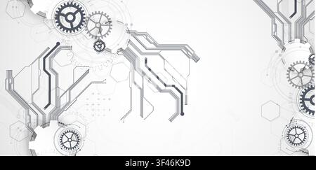 Technology background with grey gears, circuit board lines, geometric circles. Vector Stock Vector