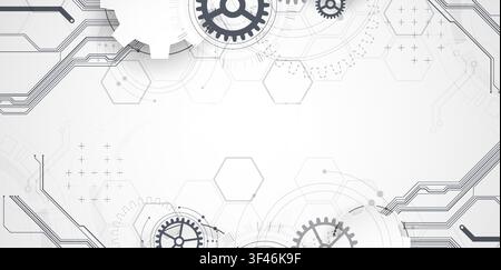 Technology background with grey gears, circuit board lines, geometric circles. Vector Stock Vector